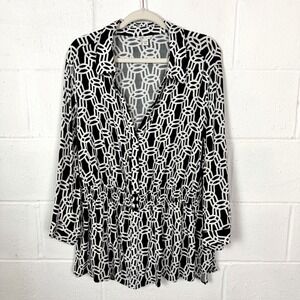 Cato Popover Top V-Neck Stretch Peplum Flowy Geometric Artsy Office Career 26/28